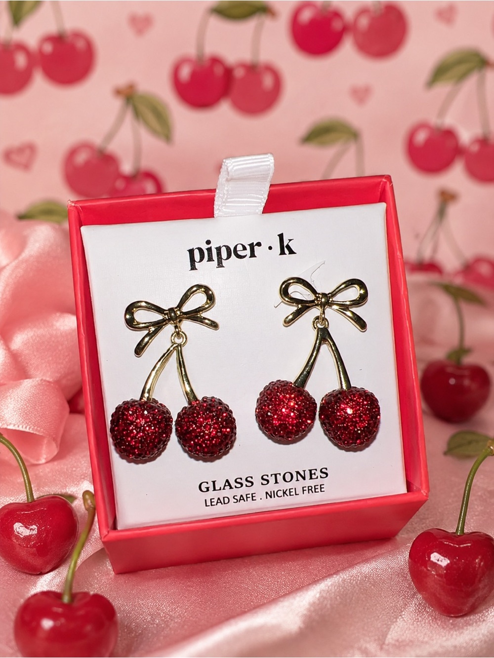 Piper k Cherry Bow Dangle Earrings 🍒✨